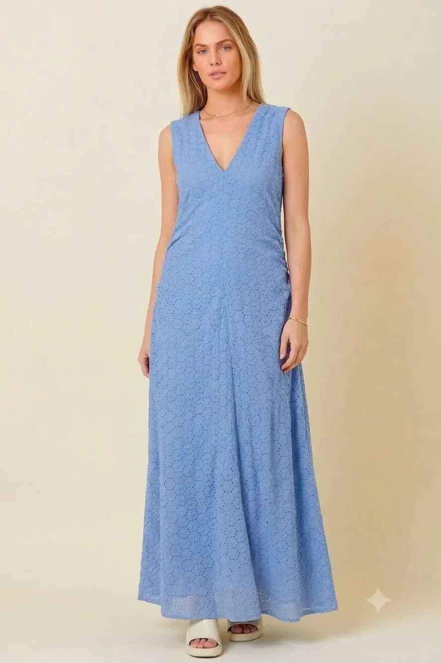 Donna Morgan Blue Eyelet Cotton Maxi Dress Womens 14 V Neck Ruched Summer Event